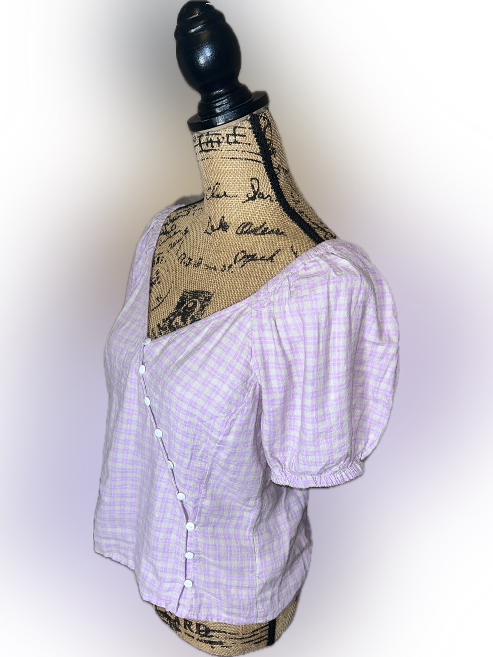 Madewell Tan Pink Gingham Puff-Sleeve Linen Blend Button Wrap Cottagecore Top S